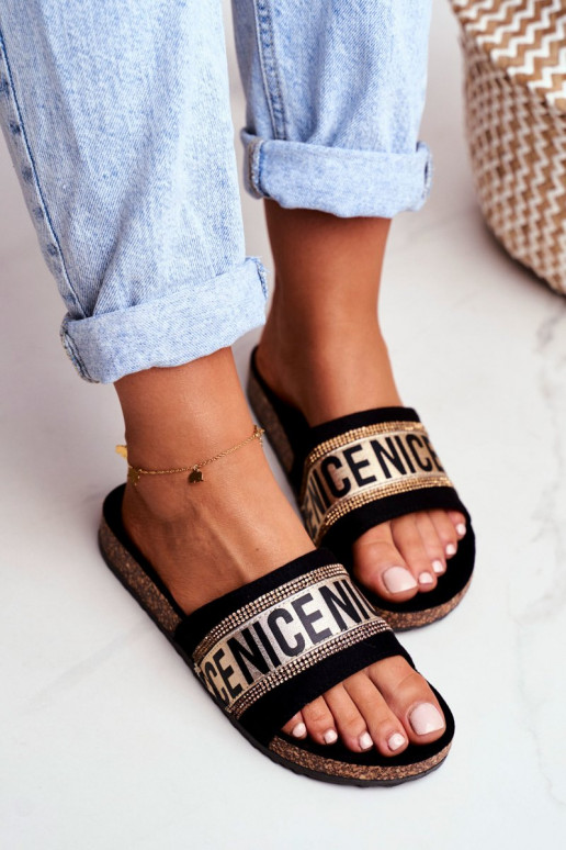 Chinelos com ilhós brilhantes Preto e dourado Be Nice