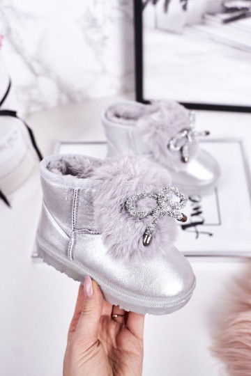 Botas infantis de neve aquecidas com pele por dentro, cor prata Aurora