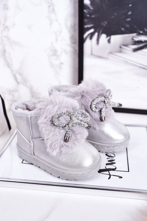 Botas infantis de neve aquecidas com pele por dentro, cor prata Aurora