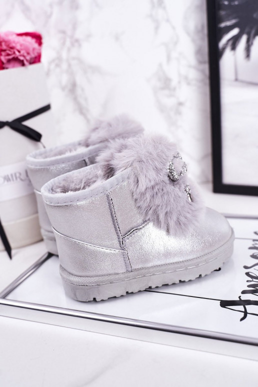 Botas infantis de neve aquecidas com pele por dentro, cor prata Aurora