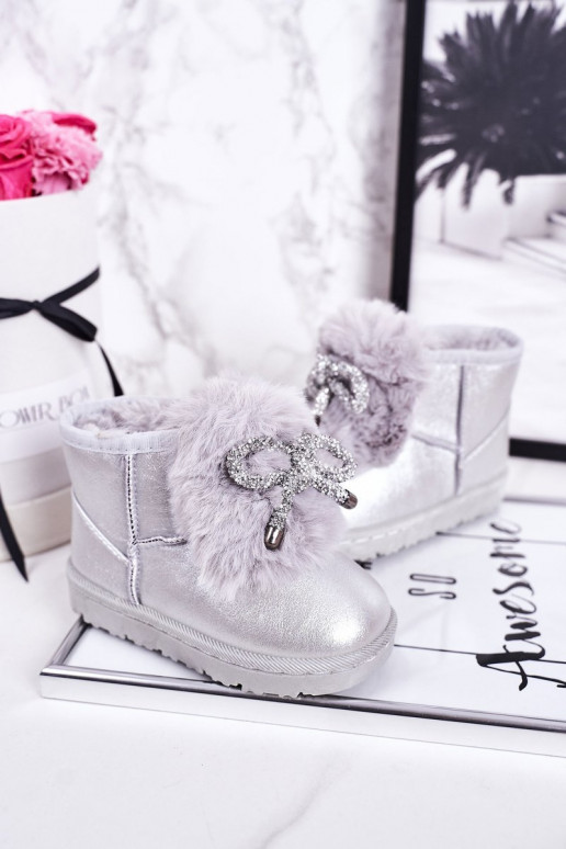Botas infantis de neve aquecidas com pele por dentro, cor prata Aurora