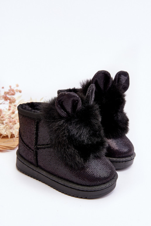 Botas infantis de neve aquecidas com pêlo por dentro com orelhas na cor preta Betty