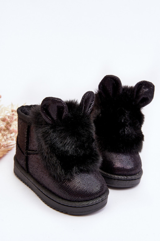 Botas infantis de neve aquecidas com pêlo por dentro com orelhas na cor preta Betty