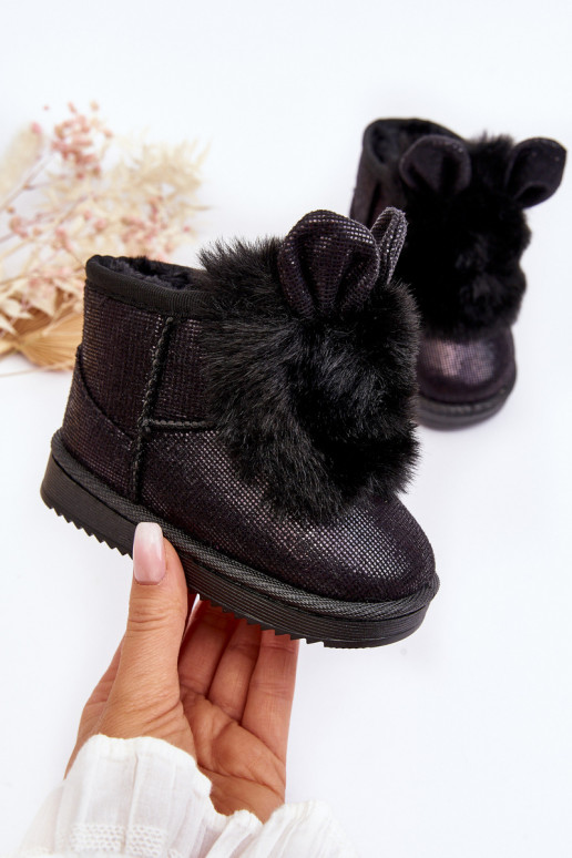 Botas infantis de neve aquecidas com pêlo por dentro com orelhas na cor preta Betty