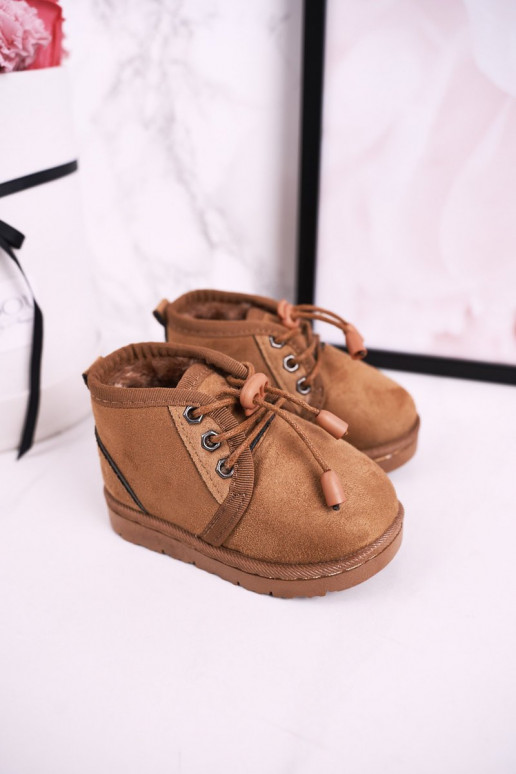 Botas infantis de neve com cadarço e pele em marrom Hunter