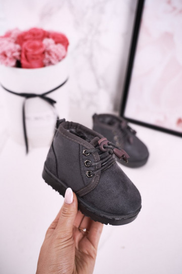 Botas infantis de neve com cadarço e pele na cor cinza Hunter