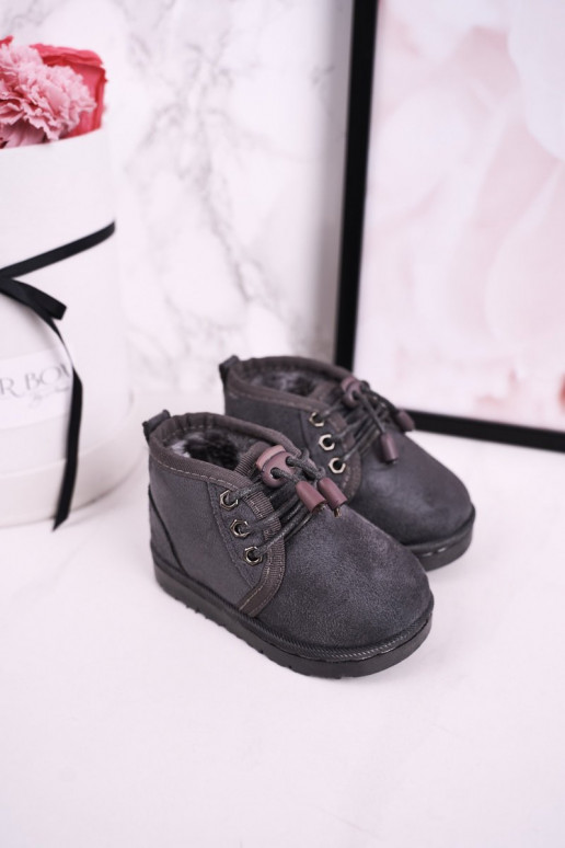 Botas infantis de neve com cadarço e pele na cor cinza Hunter