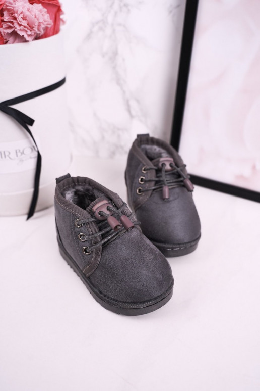 Botas infantis de neve com cadarço e pele na cor cinza Hunter