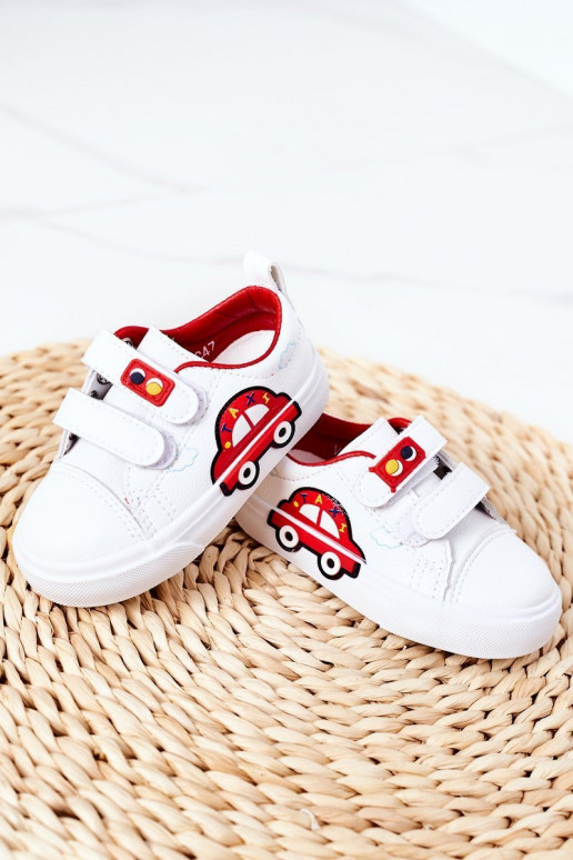 Calçado infantil de lazer com fechos adesivos Táxi branco-vermelho Calçado infantil de lazer com fechos adesivos Táxi branco-vermelho