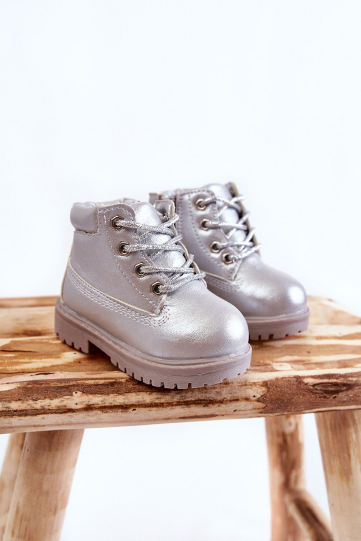 Botas infantis com cadarço e zíper na cor prata Dexter Botas infantis com cadarço e zíper na cor prata Dexter