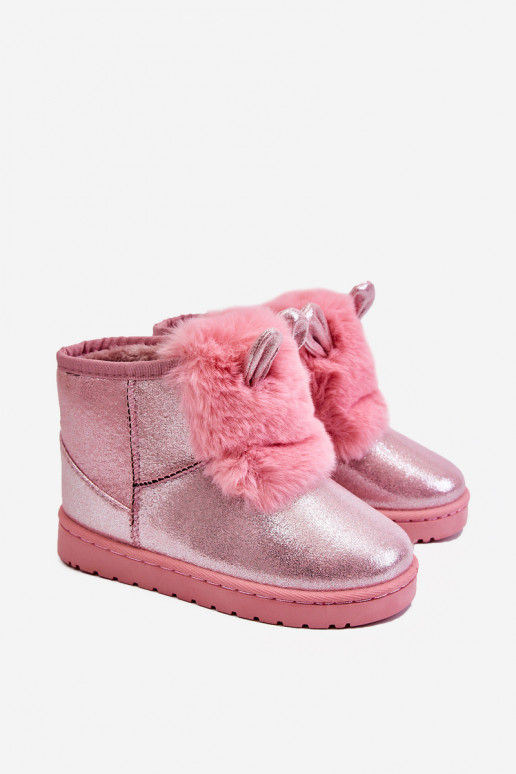 Botas infantis de neve aquecidas com pele por dentro com orelhas rosa Betty Botas infantis de neve aquecidas com pele por dentro com orelhas rosa Betty