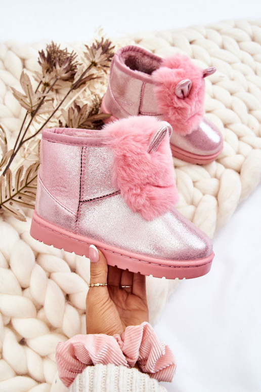 Botas infantis de neve aquecidas com pele por dentro com orelhas rosa Betty Botas infantis de neve aquecidas com pele por dentro com orelhas rosa Betty
