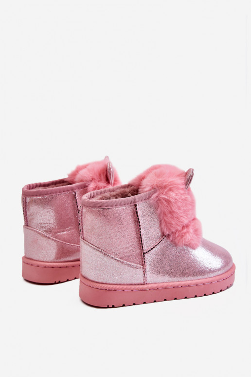 Botas infantis de neve aquecidas com pele por dentro com orelhas rosa Betty Botas infantis de neve aquecidas com pele por dentro com orelhas rosa Betty