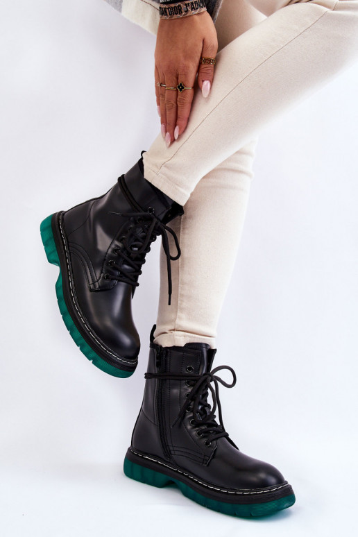 Botas femininas pretas com plataforma verde Trinah com cadarço Botas femininas pretas com plataforma verde Trinah com cadarço