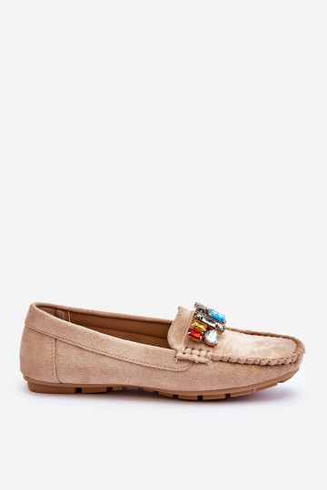 Mocassins elegantes de camurça com ilhós brilhantes em Lucille bege