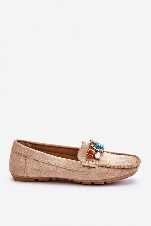 Mocassins elegantes de camurça com ilhós brilhantes em Lucille bege