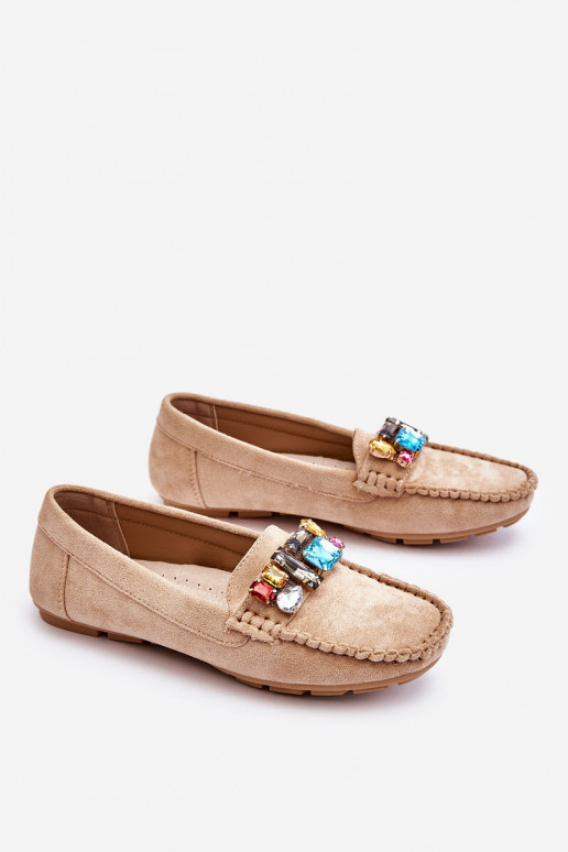 Mocassins elegantes de camurça com ilhós brilhantes em Lucille bege
