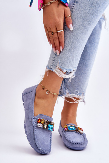 Elegantes mocassins de camurça com ilhós brilhantes em azul Lucille 2