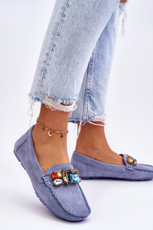 Elegantes mocassins de camurça com ilhós brilhantes em azul Lucille
