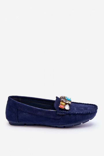 Elegantes mocassins de camurça com ilhós brilhantes em Lucille azul escuro