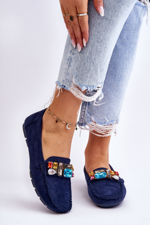 Elegantes mocassins de camurça com ilhós brilhantes em Lucille azul escuro