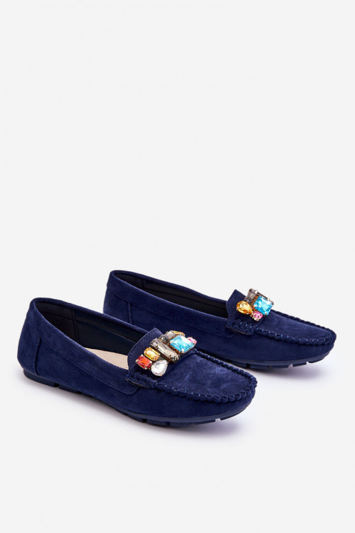 Elegantes mocassins de camurça com ilhós brilhantes em Lucille azul escuro