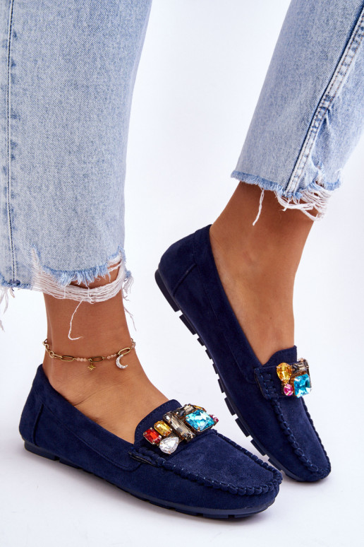 Elegantes mocassins de camurça com ilhós brilhantes em Lucille azul escuro