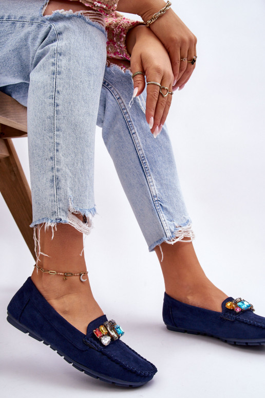 Elegantes mocassins de camurça com ilhós brilhantes em Lucille azul escuro