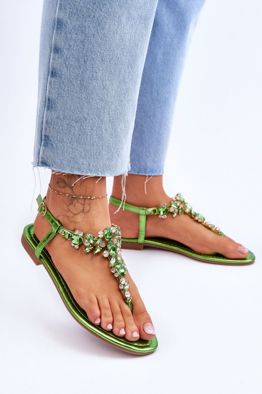 Sandálias femininas com decoração de pedrinhas cor verde Lenisa