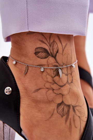 Pulseira de perna com penas e zircões na cor prata