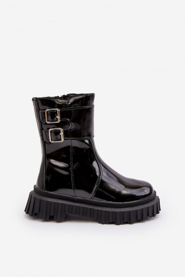 Botas infantis com efeito laca com fivelas na cor preta Chloraia 2