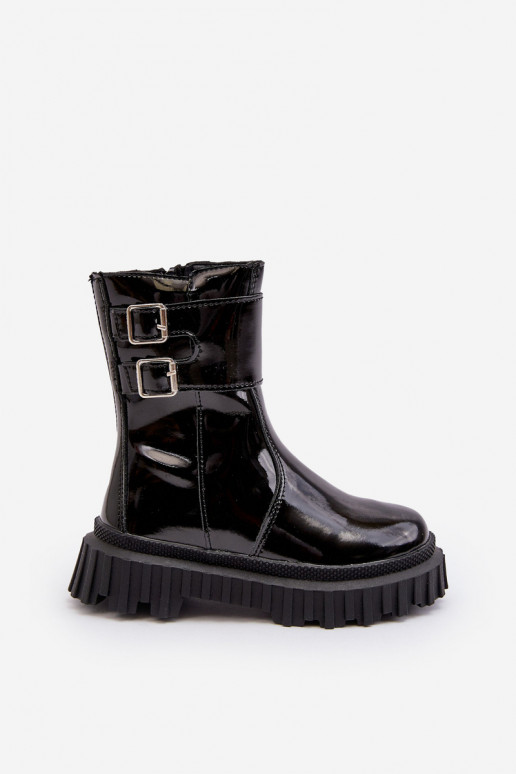 Botas infantis com efeito laca com fivelas na cor preta Chloraia