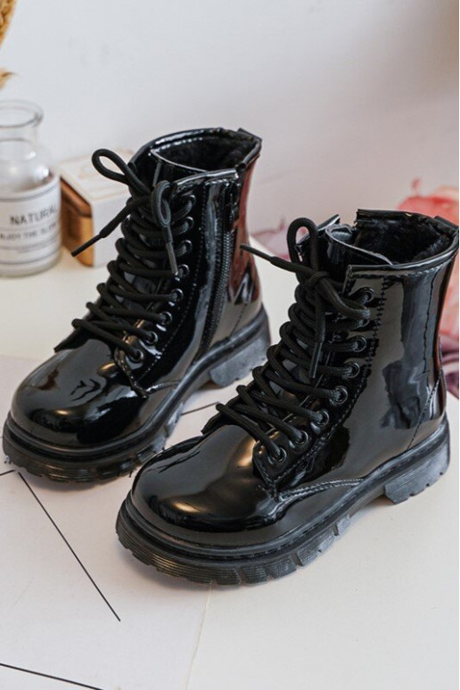 Botas infantis com efeito laca com zíper na cor preta Tibbie