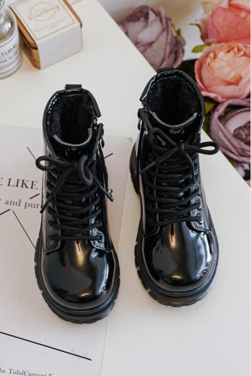 Botas infantis com efeito laca com zíper na cor preta Tibbie
