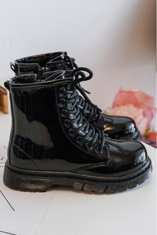 Botas infantis com efeito laca com zíper na cor preta Tibbie
