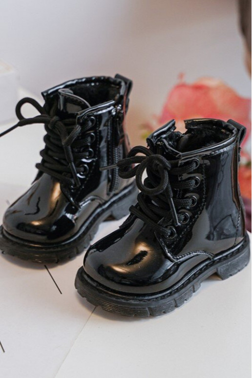 Botas infantis com efeito laca com zíper na cor preta Tibbie