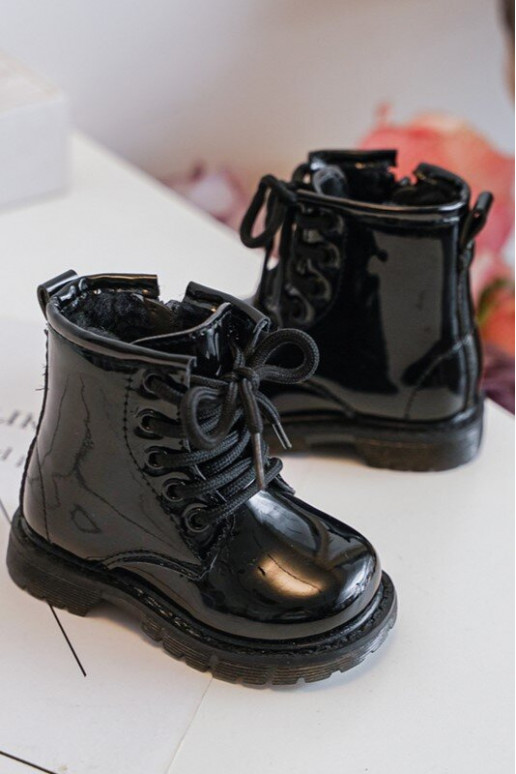 Botas infantis com efeito laca com zíper na cor preta Tibbie