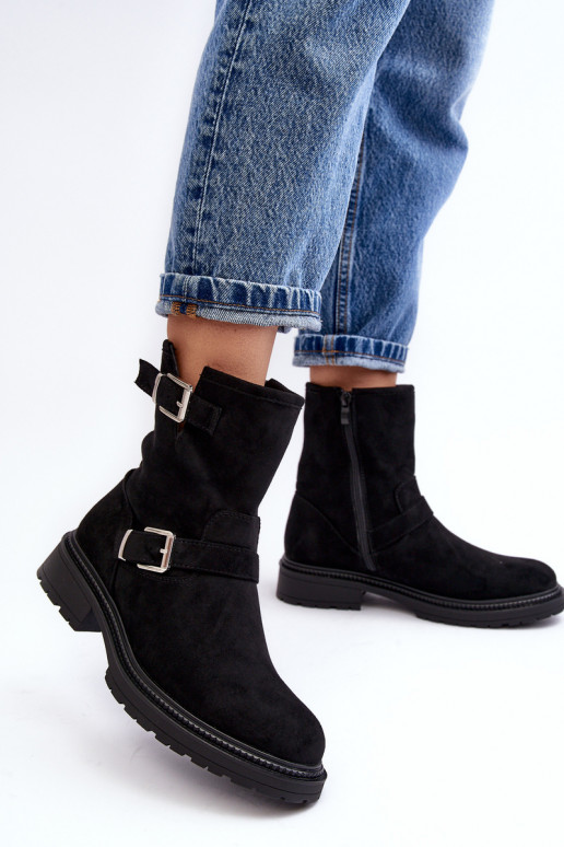 Botins femininos Bliggore com salto largo e fivela em preto Botins femininos Bliggore com salto largo e fivela em preto