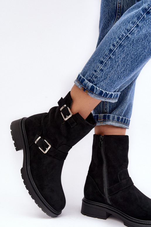 Botins femininos Bliggore com salto largo e fivela em preto Botins femininos Bliggore com salto largo e fivela em preto