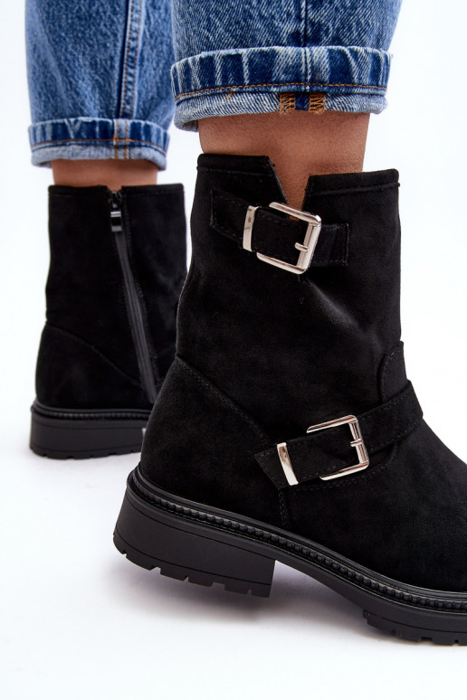 Botins femininos Bliggore com salto largo e fivela em preto Botins femininos Bliggore com salto largo e fivela em preto