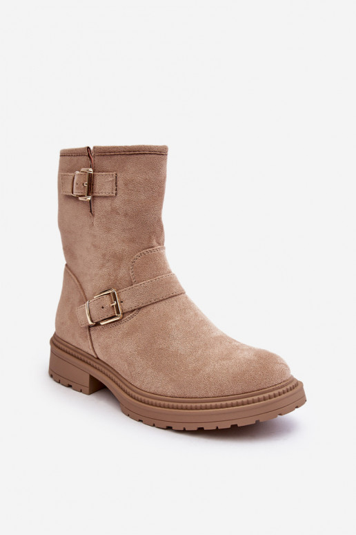 Botas femininas bege com fivela de salto largo Bliggore Botas femininas bege com fivela de salto largo Bliggore