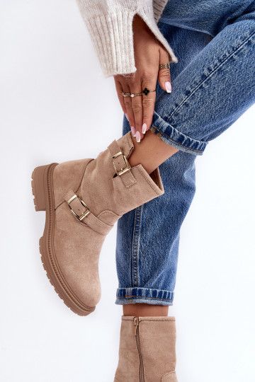 Botas femininas bege com fivela de salto largo Bliggore 2