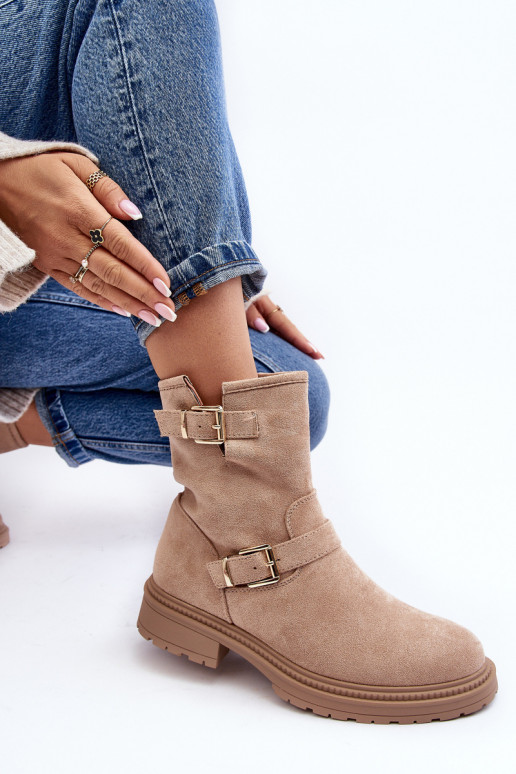 Botas femininas bege com fivela de salto largo Bliggore Botas femininas bege com fivela de salto largo Bliggore