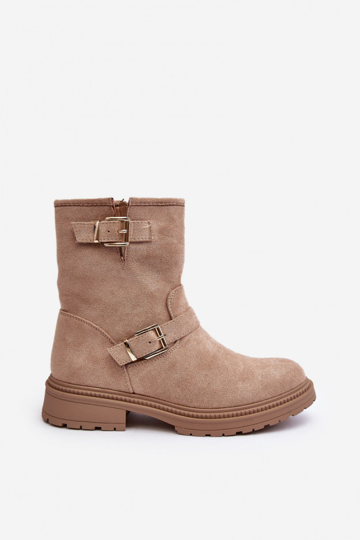Botas femininas bege com fivela de salto largo Bliggore Botas femininas bege com fivela de salto largo Bliggore