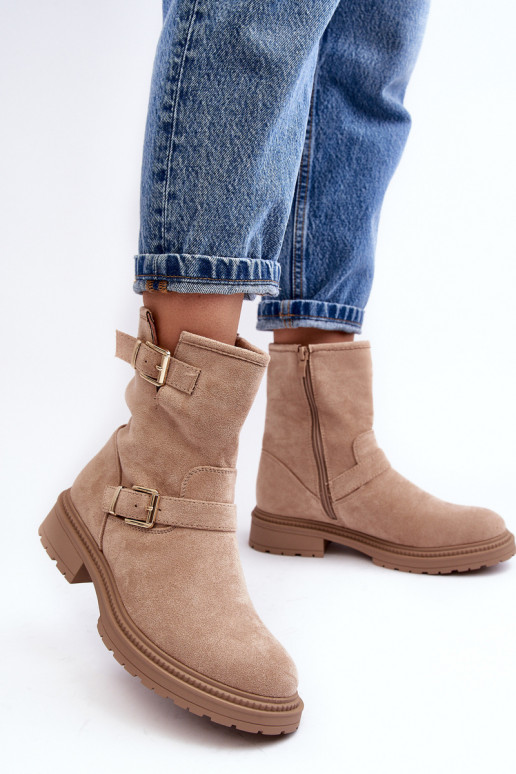 Botas femininas bege com fivela de salto largo Bliggore Botas femininas bege com fivela de salto largo Bliggore