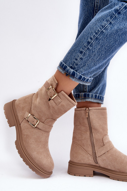 Botas femininas bege com fivela de salto largo Bliggore Botas femininas bege com fivela de salto largo Bliggore