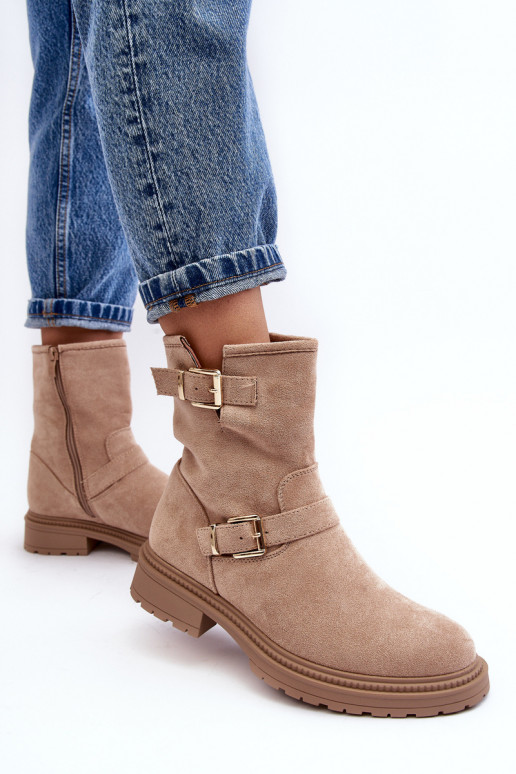 Botas femininas bege com fivela de salto largo Bliggore Botas femininas bege com fivela de salto largo Bliggore