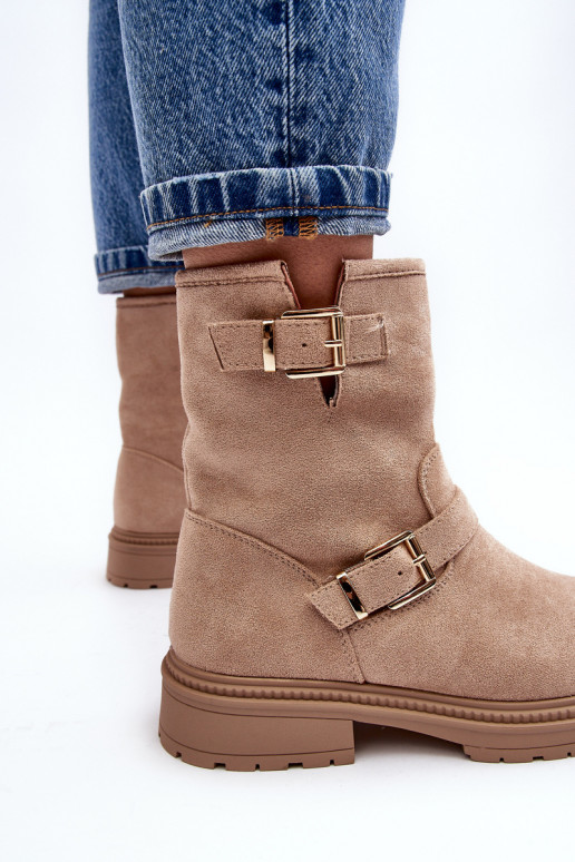 Botas femininas bege com fivela de salto largo Bliggore Botas femininas bege com fivela de salto largo Bliggore