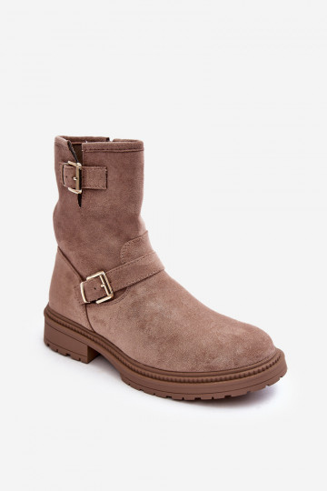Botas femininas bege com fivela de salto largo Bliggore