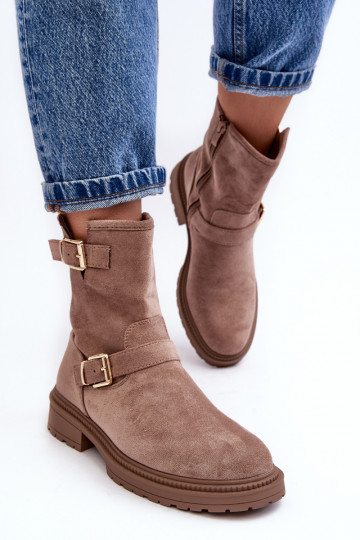 Botas femininas bege com fivela de salto largo Bliggore 2